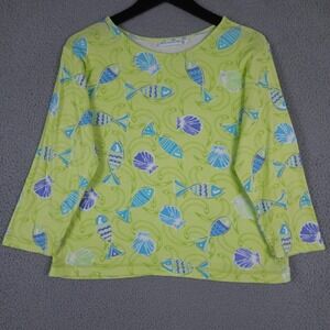 Lulu B Shirt Womens Large Green Blue Fish Seashell Print 3/4 Sleeve Cotton Top